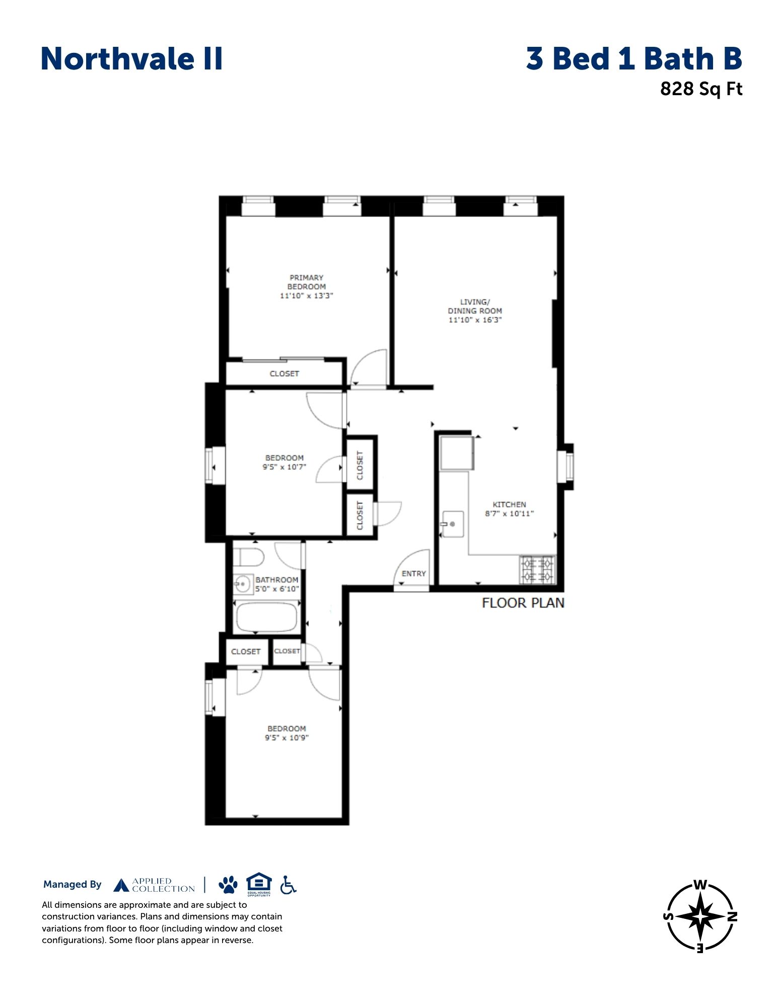 Floor plan for 3 beds, 1 bath, 828 sqft